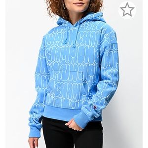 champion reverse weave bubble script blue hoodie